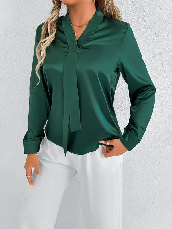 Bonboho 2026 New Women's Solid Color Silky Shirt V-neck Long Sleeves Elegant Blouse for Female Elegant Pullover Work Shirts