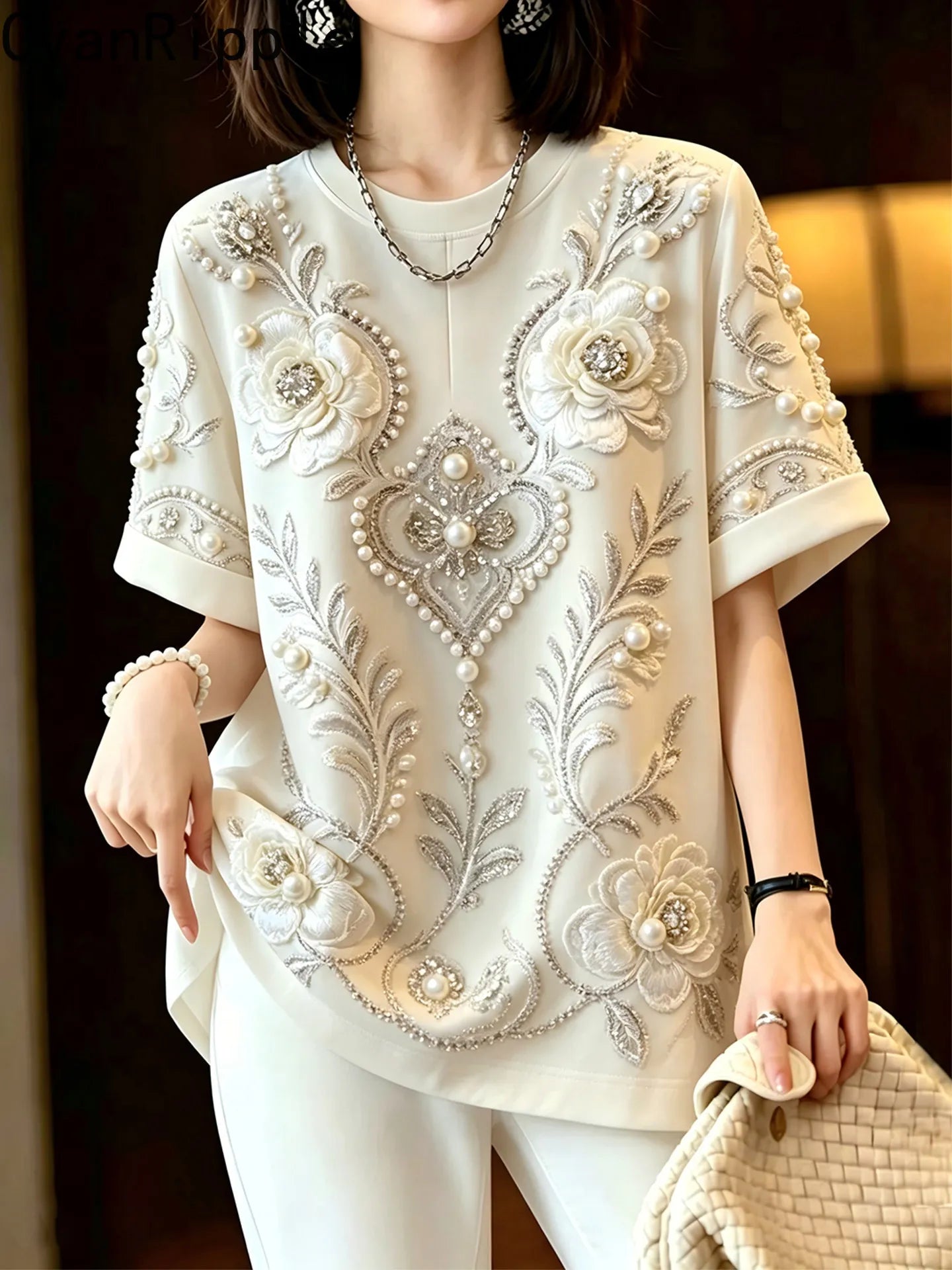 High Quality New Spring Summer Oversize Pullover Top All-match Short Sleeve T-shirt Luxury Diamonds Beading Female Casual Tees