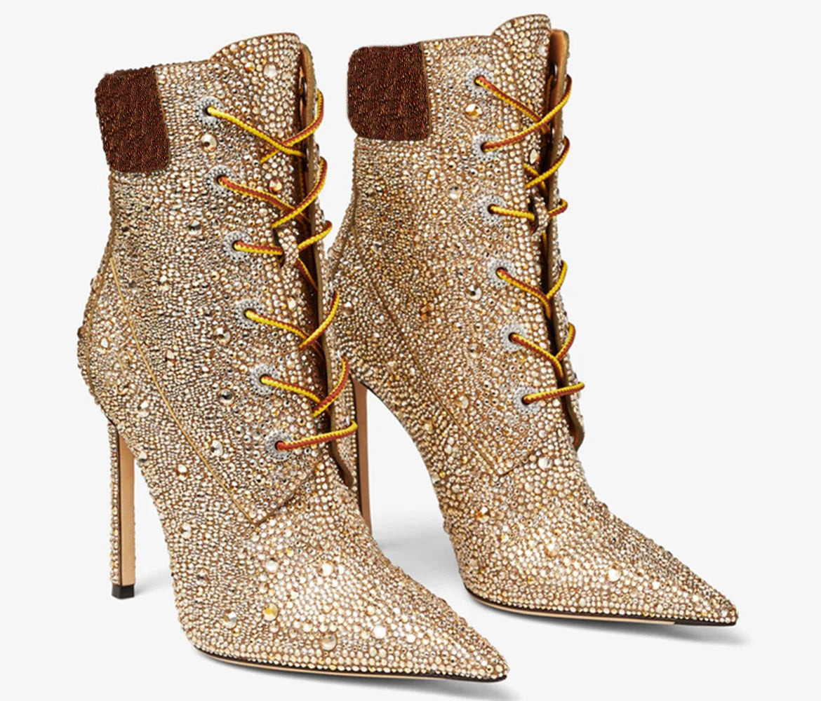 Design Women High Heel Champagne Gold Handmade Rhinestones Lace Up Ankle Boots Sexy Lady High Heel Pointy Crystal Short Boots