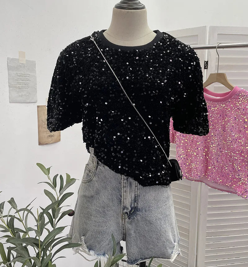 Spicy Girl Pink Sequins Short Sleeve T-shirt Round Neck Slimming Crop Top Blingbling Sexy Nightclub Multi Color Casual Tees