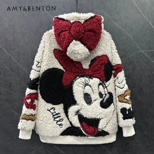 2025 Autumn Winter Heavy Industry New Cartoon Lamb Wool Hooded Cardigan Coat For Women's Loose Casual Sweet Top Zipper Jacket