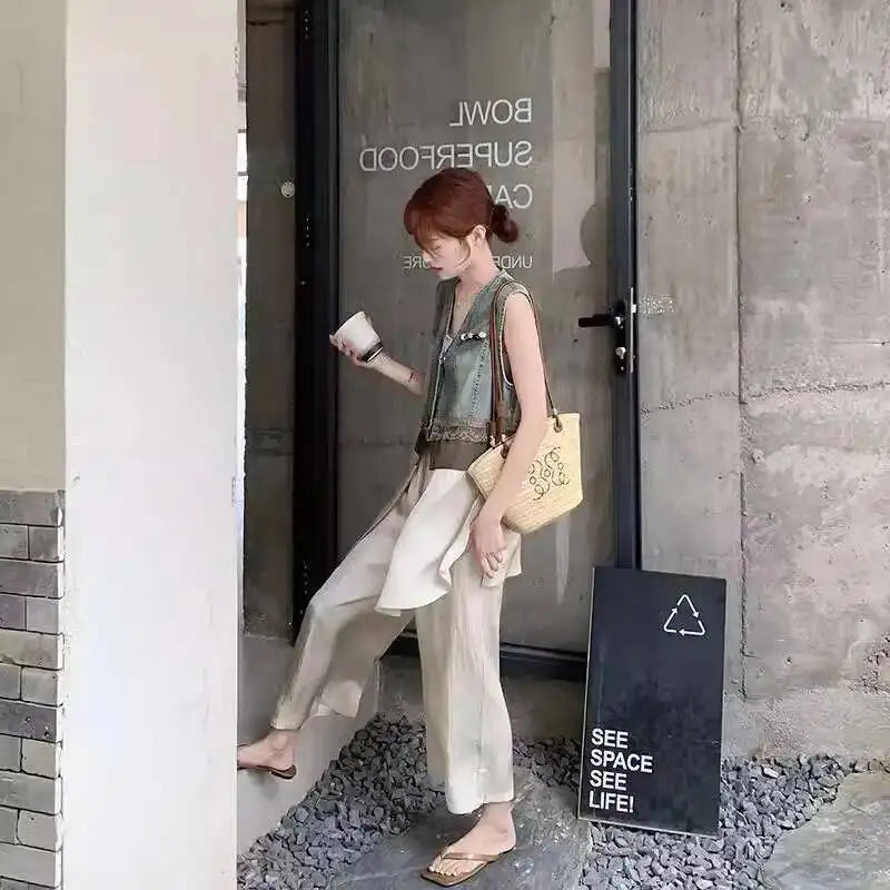 ANJY Summer New Women's High Street Fashion Unique Design Denim Patchwork Contrast Color Button Vest Casual Wide Leg Pants A7944