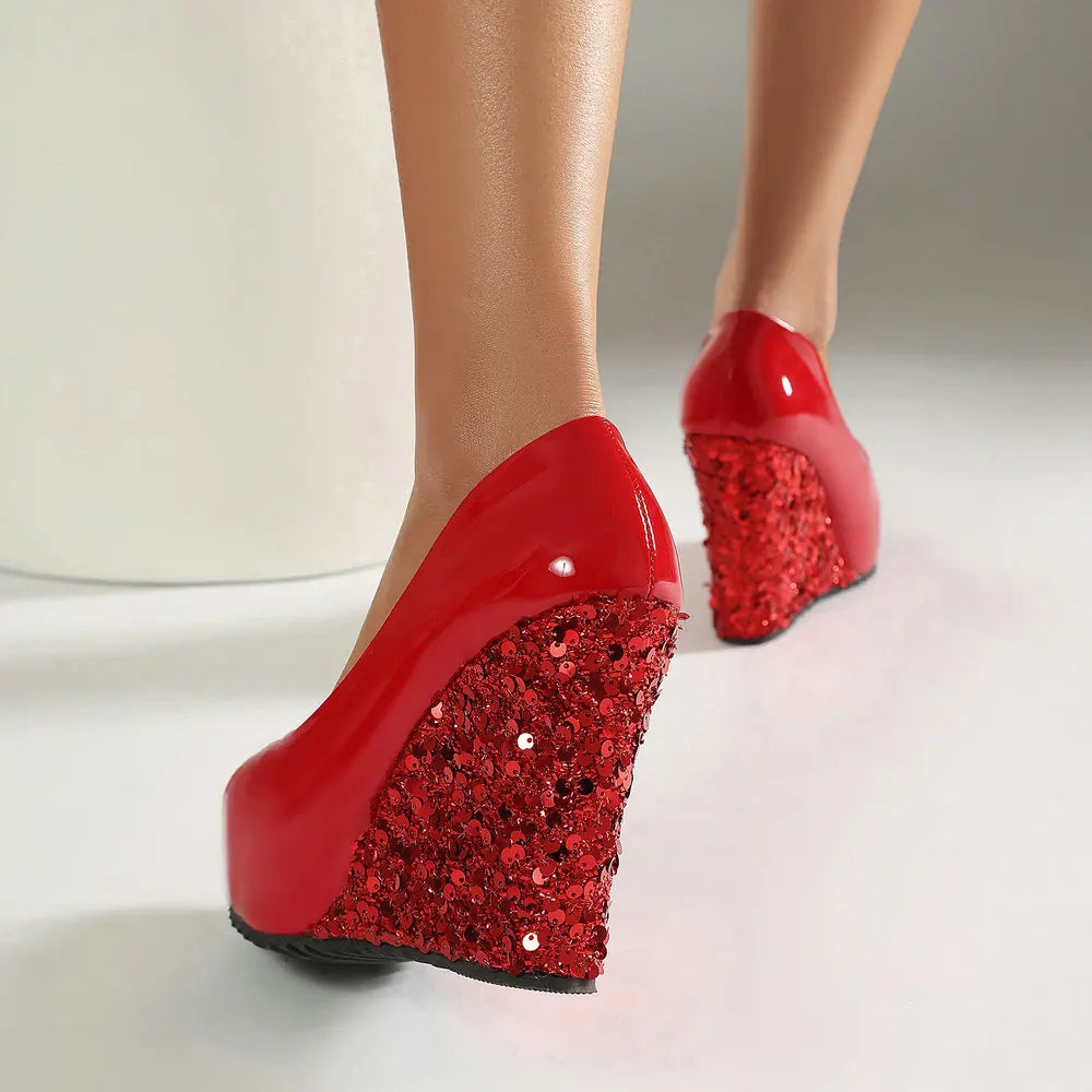 Sparkly Sequin Peep Toe Platform Wedge Sandals for Women