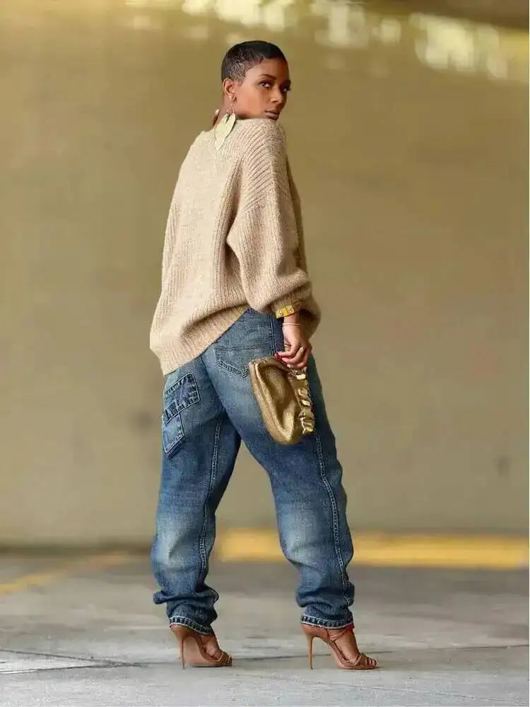 Washed Distressed Patchwork Loose Fit Jeans for Women