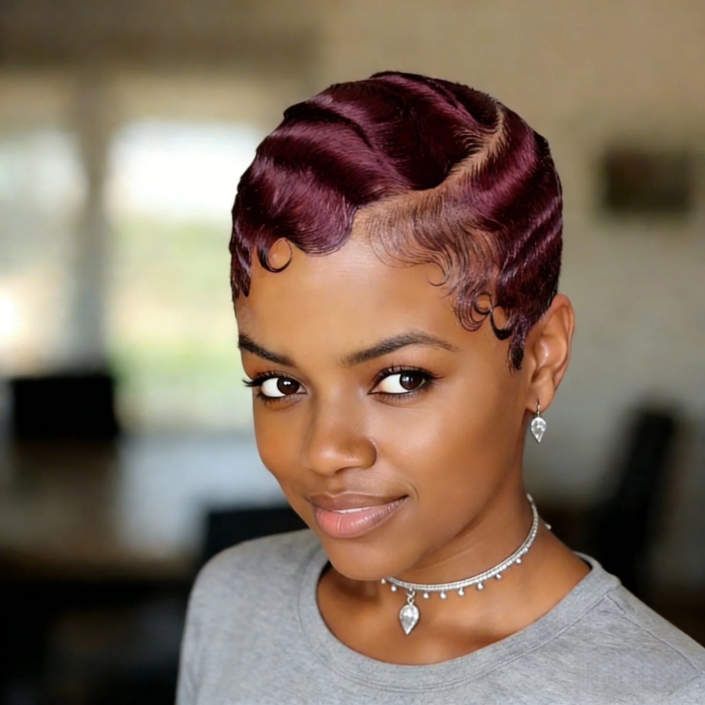 Short Pixie Cut Human Hair Wig with Finger Wave Texture 99j 4 black 13x4 Transparent Lace Front Pre-Plucked Hairline  Wig