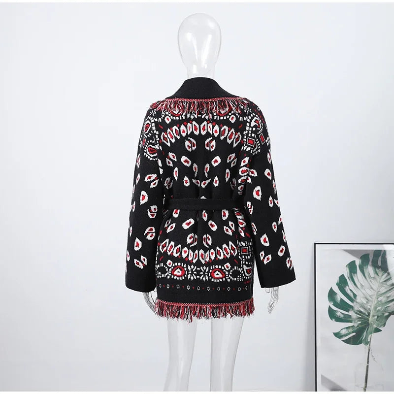 Loose Jacquard Patchwork V-Neck Cardigan With Tassels For Women