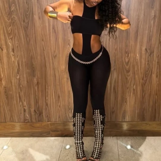 FAGADOER Y2k Sexy Two Piece Outfits Woman Halter Sleeveless Backless Crop Top and Skiny Pants Suits Female Streetwear Clothing