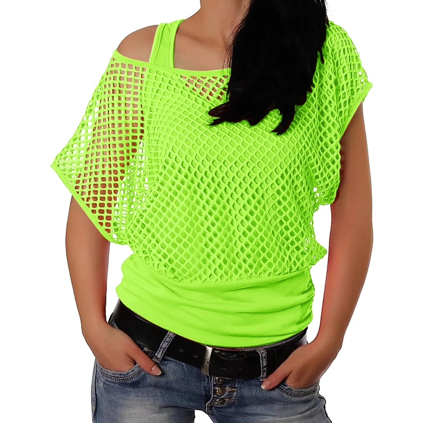 Vintage Neon Fishnet Short Sleeve Off Shoulder Top for Women