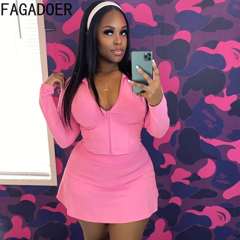 FAGADOER Sexy Sporty 2 Pieces Set for Woman Zipper Long Sleeve Jacket Tops + Pleated Skirts Tracksuits Female Streetwear 2025