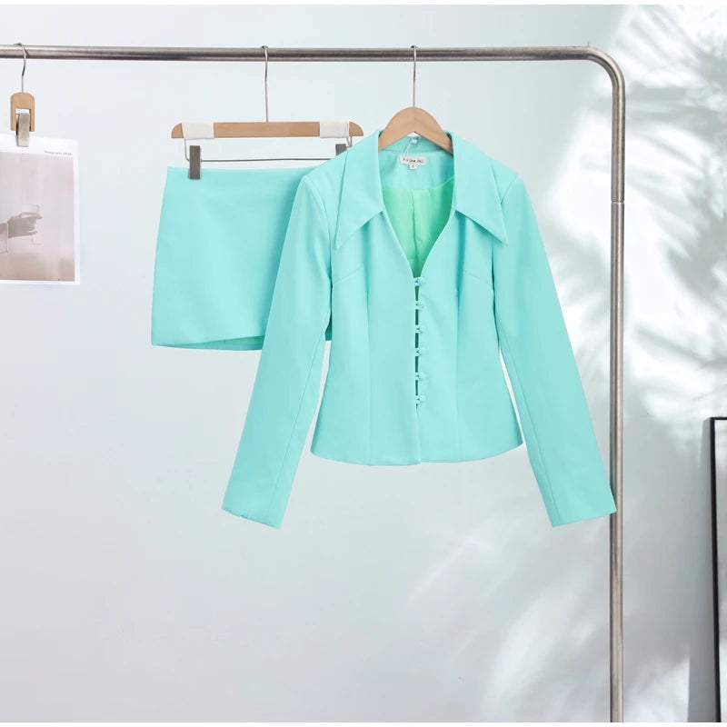 Turn-Down Collar Tailored Blazer Skirt Set for Women