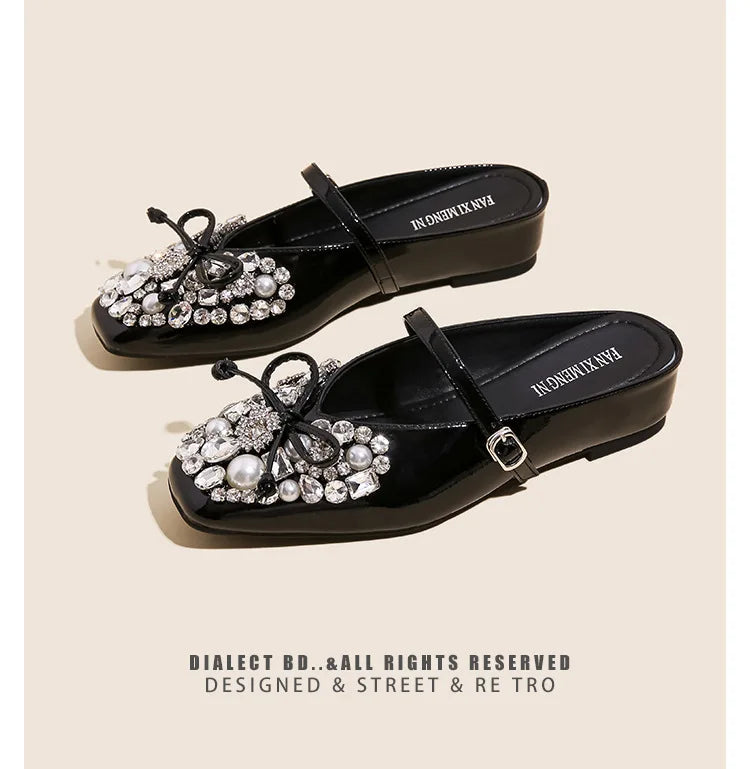 Pearl Bow Embellished Square Toe Flat Shoes For Women