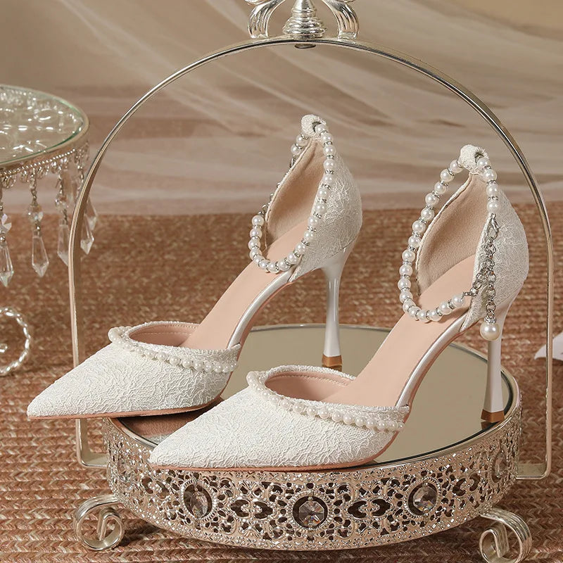 White Pearl Buckle Pointed Bridal Heels