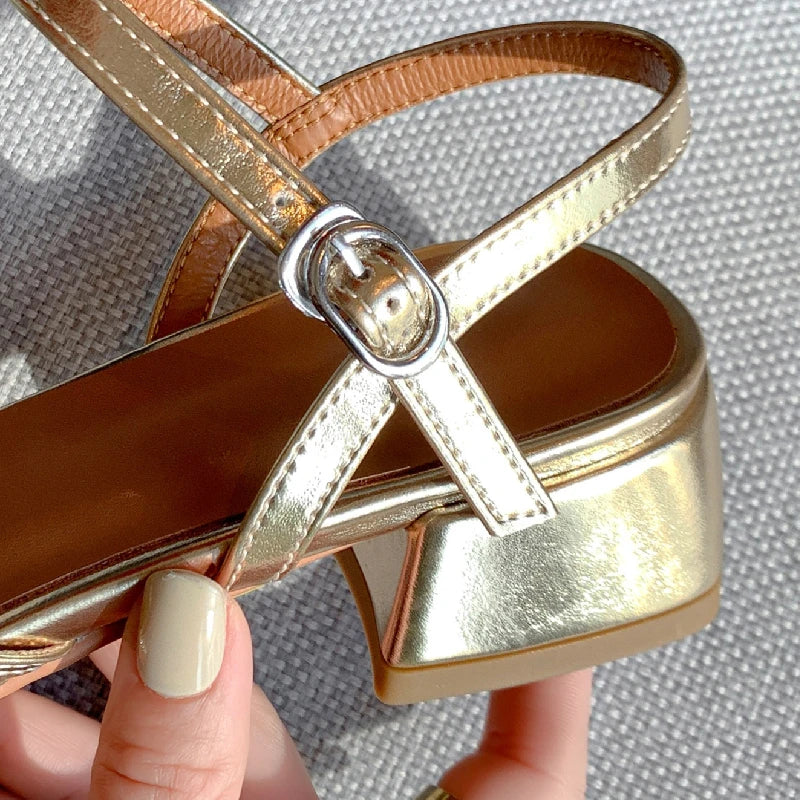 Leather Low Heel Peep Toe Sandals