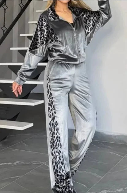 2025 Autumn Fashion Women Two Pieces Set Leopard Print Long-sleeved Lapel Zipper Straight Pants Ladies Suit Casual Outfit Female