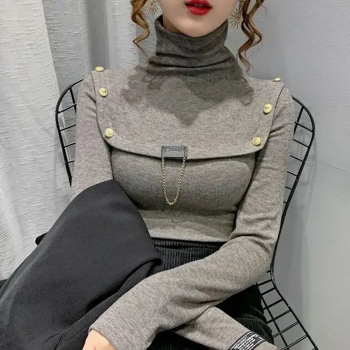 Elegant Button Detail Knit Turtleneck Sweater For Women
