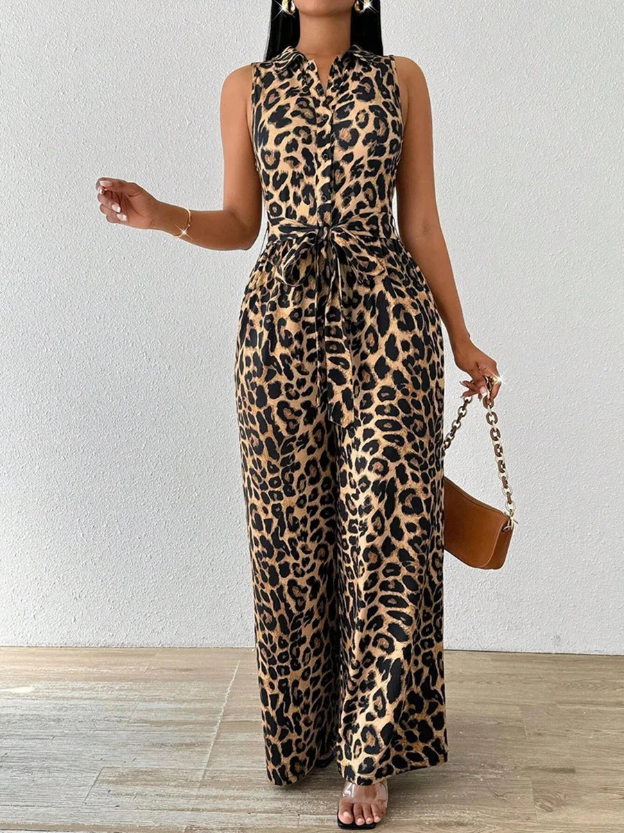 Sleeveless Leopard Print Ankle Length Jumpsuit for Women