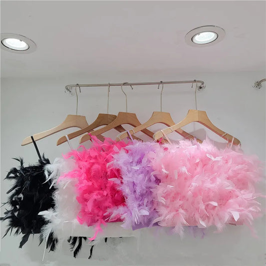 YEAE fluffy ostrich feather halter top design sense short small halter vest women's outer wear inner top tide