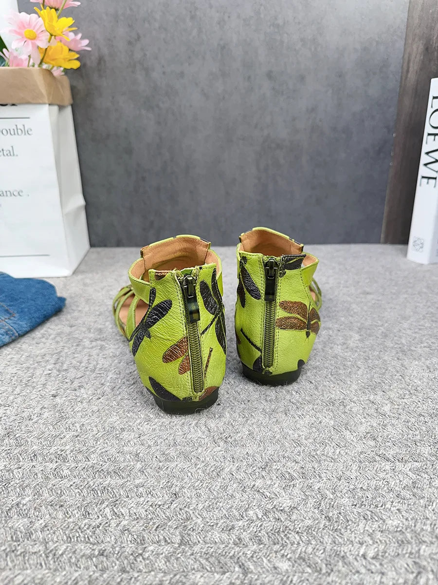 Flat Printed Genuine Leather Roman Sandals for Women