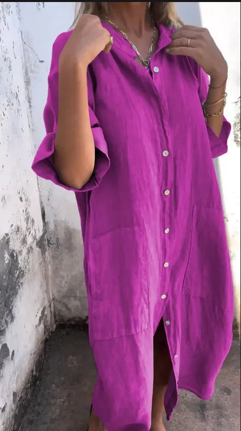 Loose Mid Calf Single Breasted Shirt Dress With Pockets For Women