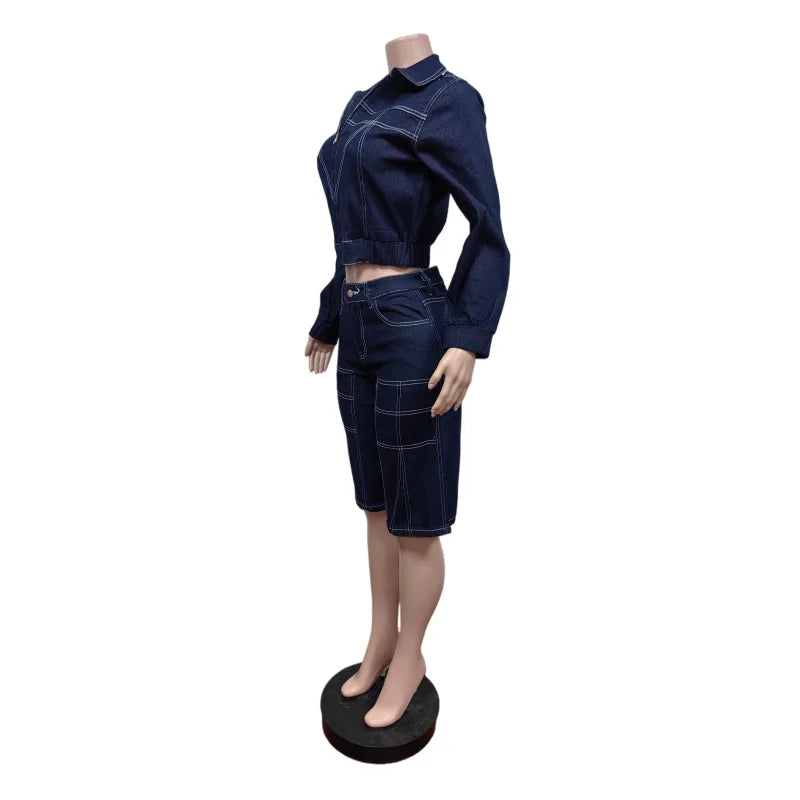 Casual Streetwear Denim Jacket and Shorts Set for Women