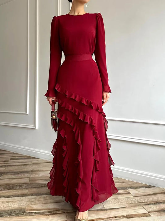 2025 Spring Fall Solid 2pc Set Elegant Slim Design Suit Banquets Fashion Women's O Neck Long Sleeved Top + Ruffled Skirt Outfit