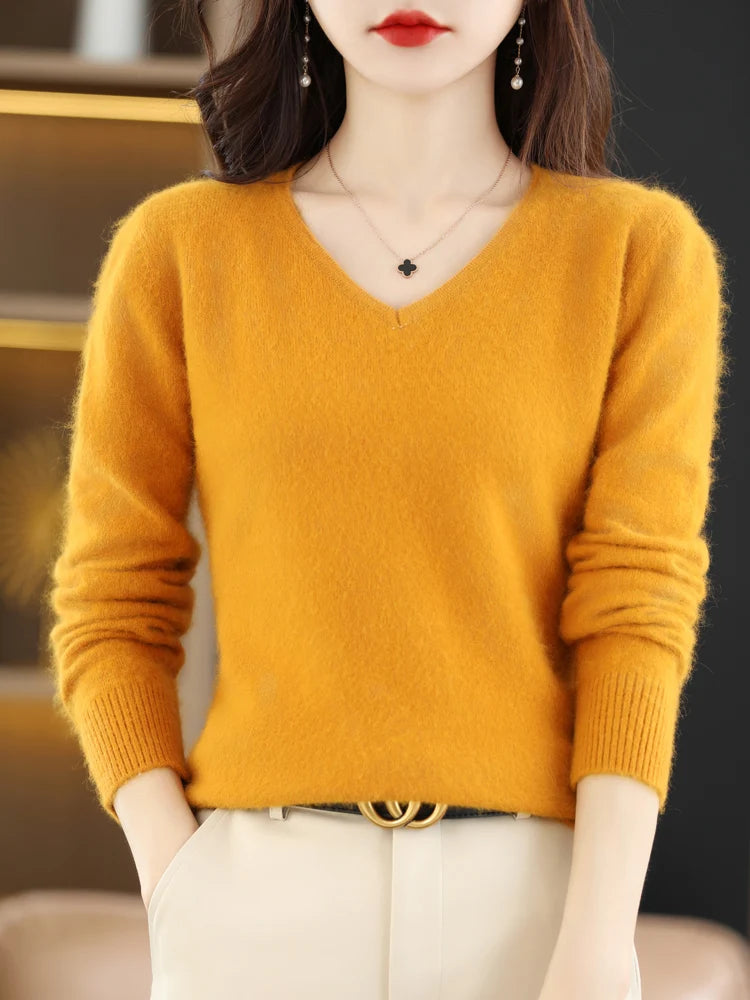 Soft Warm Loose Fit V Neck Cashmere Sweater for Women