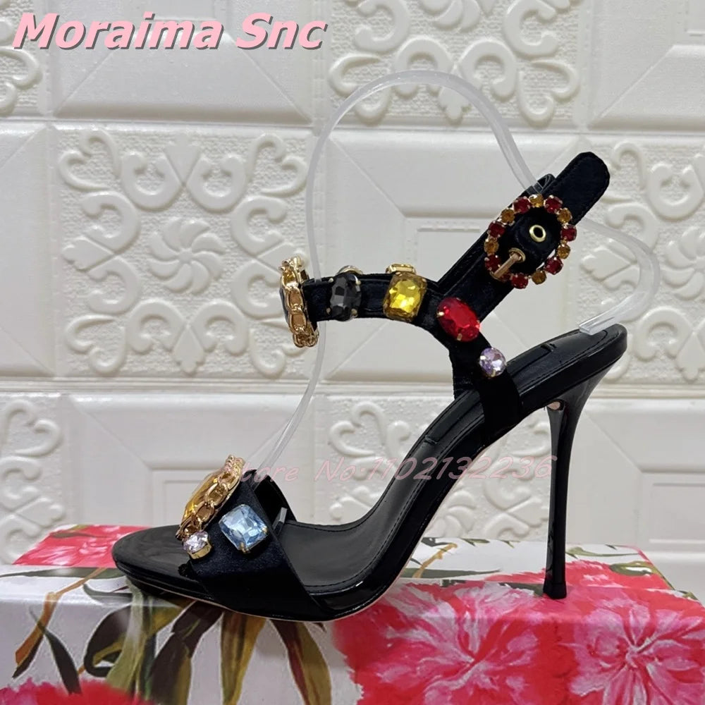 Elegant Satin Crystal Buckle Strap Square Heel Sandals for Women