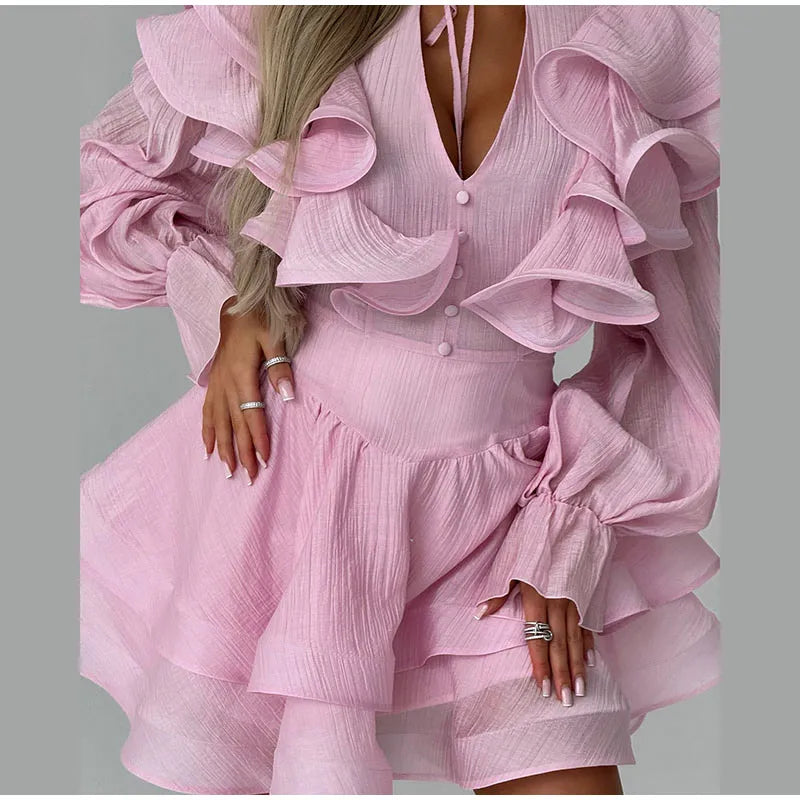 Ruffle Neck Tie Waist Long Puff Sleeves Mini Dress For Women