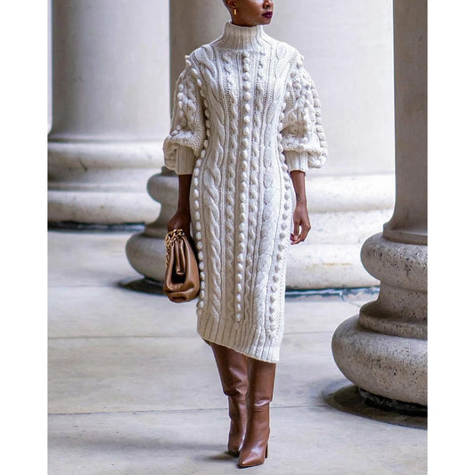 Autumn Women High Neck Twist Rope Lantern Sleeve Side Slit Knitted Sweater Dress New Fashion Femme Casual Dress Robe Clothing