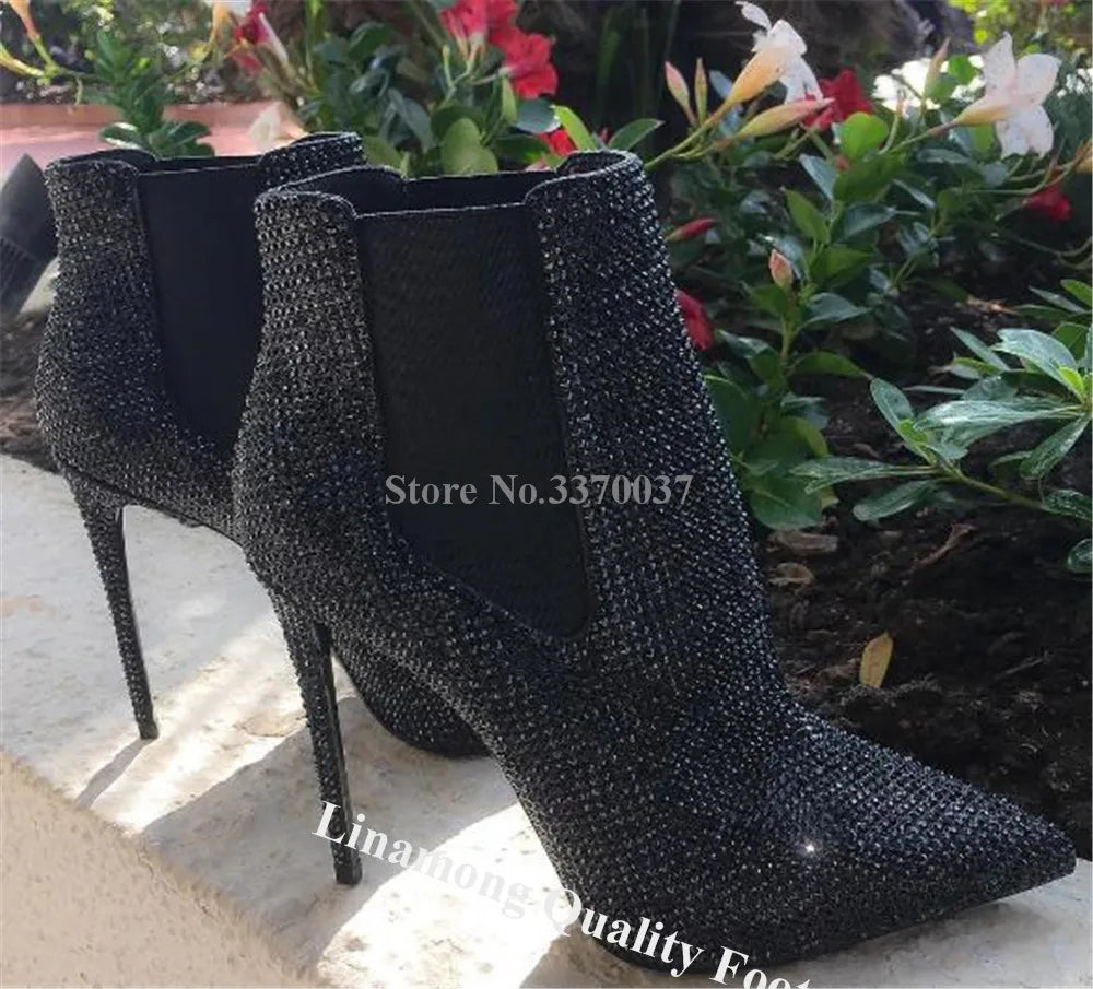Crystal Embellished Slip On Pointed Toe Ankle Boots for Women