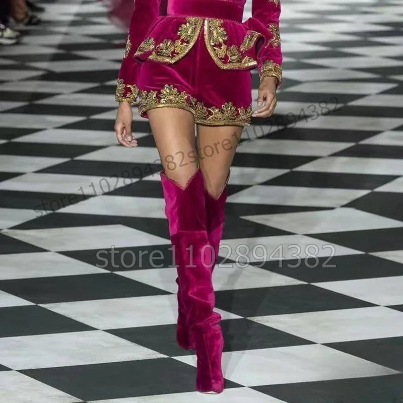 Rose Red Corduroy Lacework Pointed Toe Over The Knee Boots For Women