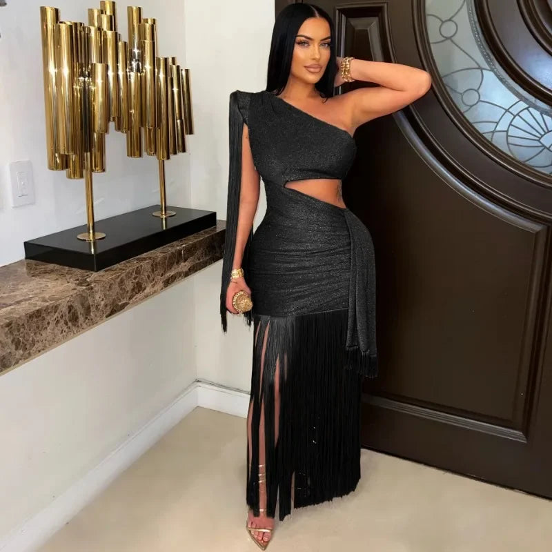 One Shoulder Tassel Ruched Maxi Evening Dress for Women