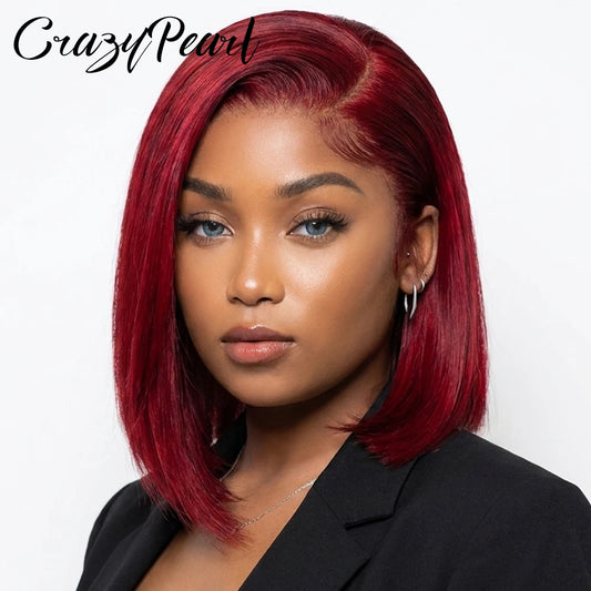 Burgundy Lace Front Bob Wig With Human Hair for Women