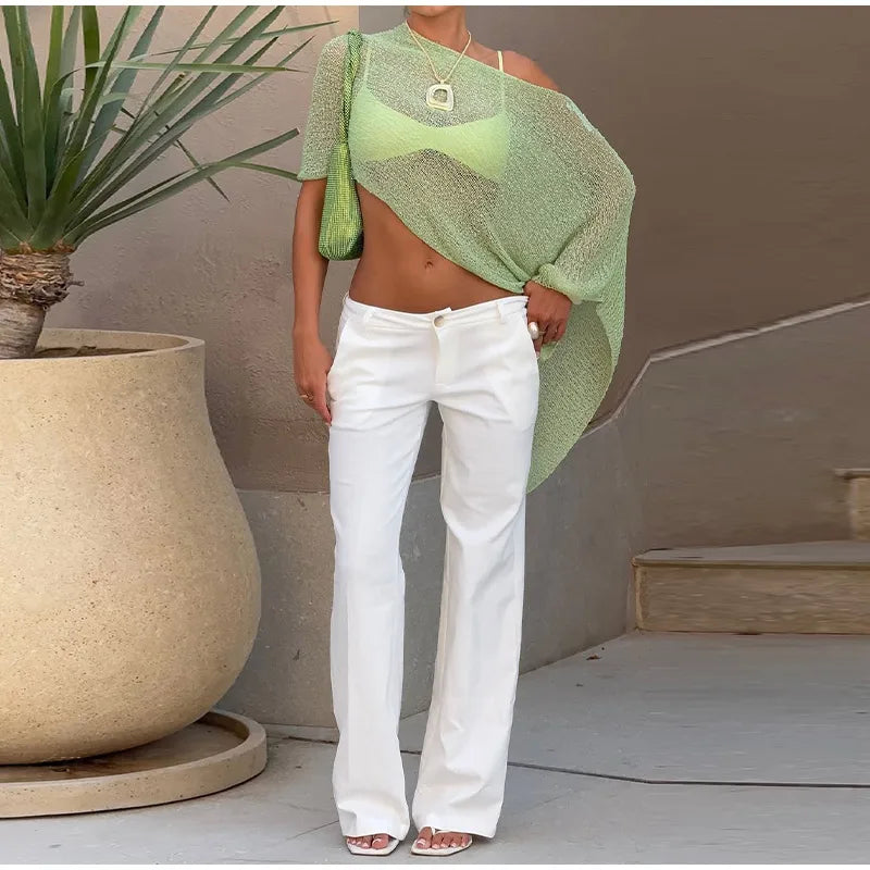 Sheer Knit O Neck Asymmetrical Loose Blouse for Women