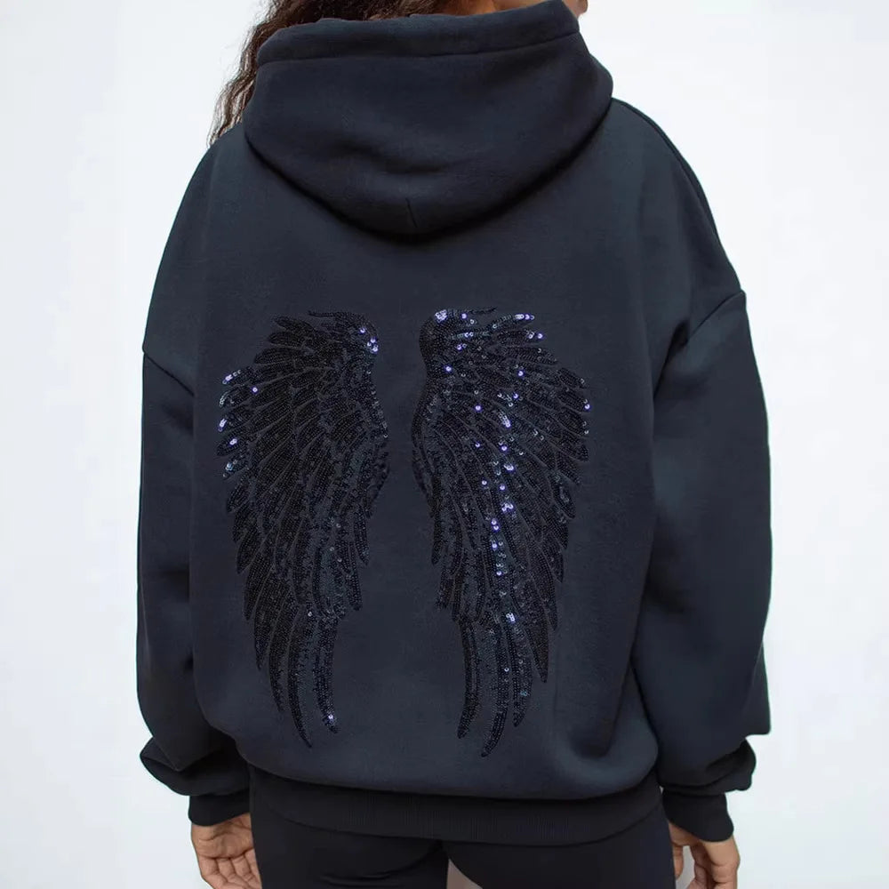 Wing Print Rhinestone Long Sleeve Pullover Hoodie for Women