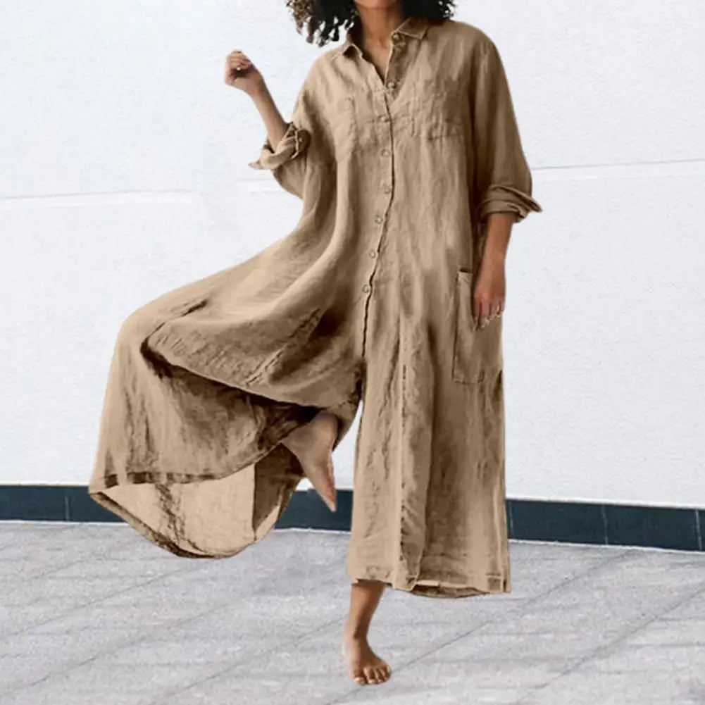 Oversized Cotton Linen Wide Leg Jumpsuit with Pockets for Women