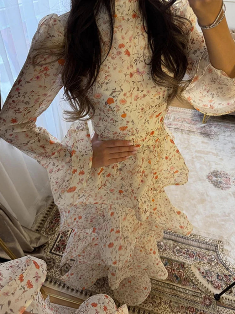Chic Floral Bell Sleeve Floor-Length Dress For Women