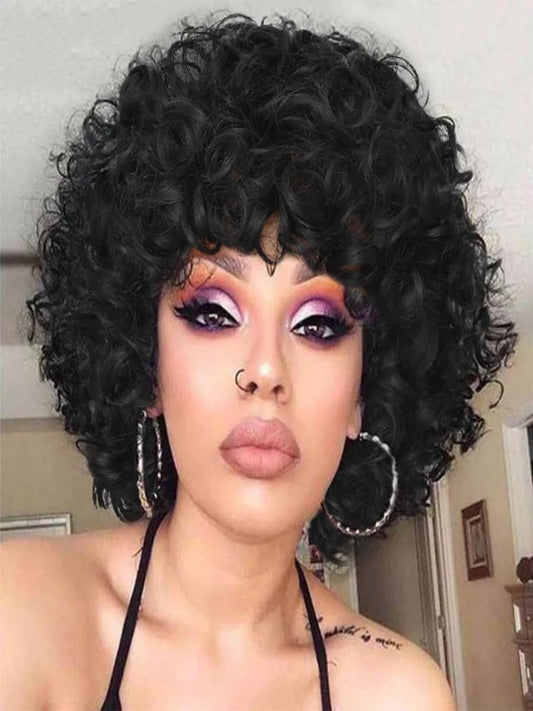 Curly Wigs for Black Women Short Kinky Curly Black Wigs for Women Big Curly Afro Soft Wig with Bangs Heat Resistant Natural Cute