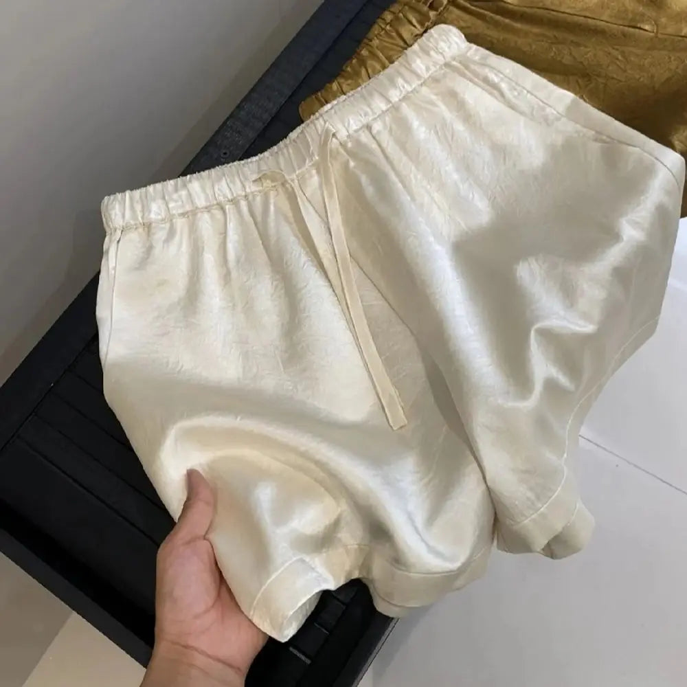 Loose Fit Elastic Waist Satin Texture Casual Shorts for Women