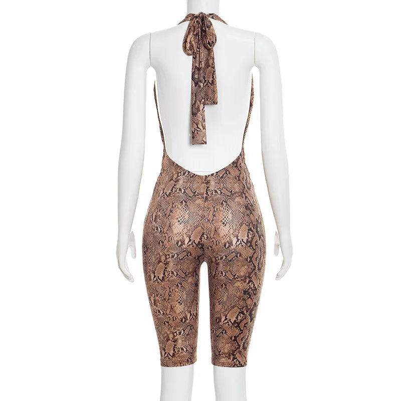 Sexy Halter Backless Patchwork Python Print Bodycon Jumpsuit for Women