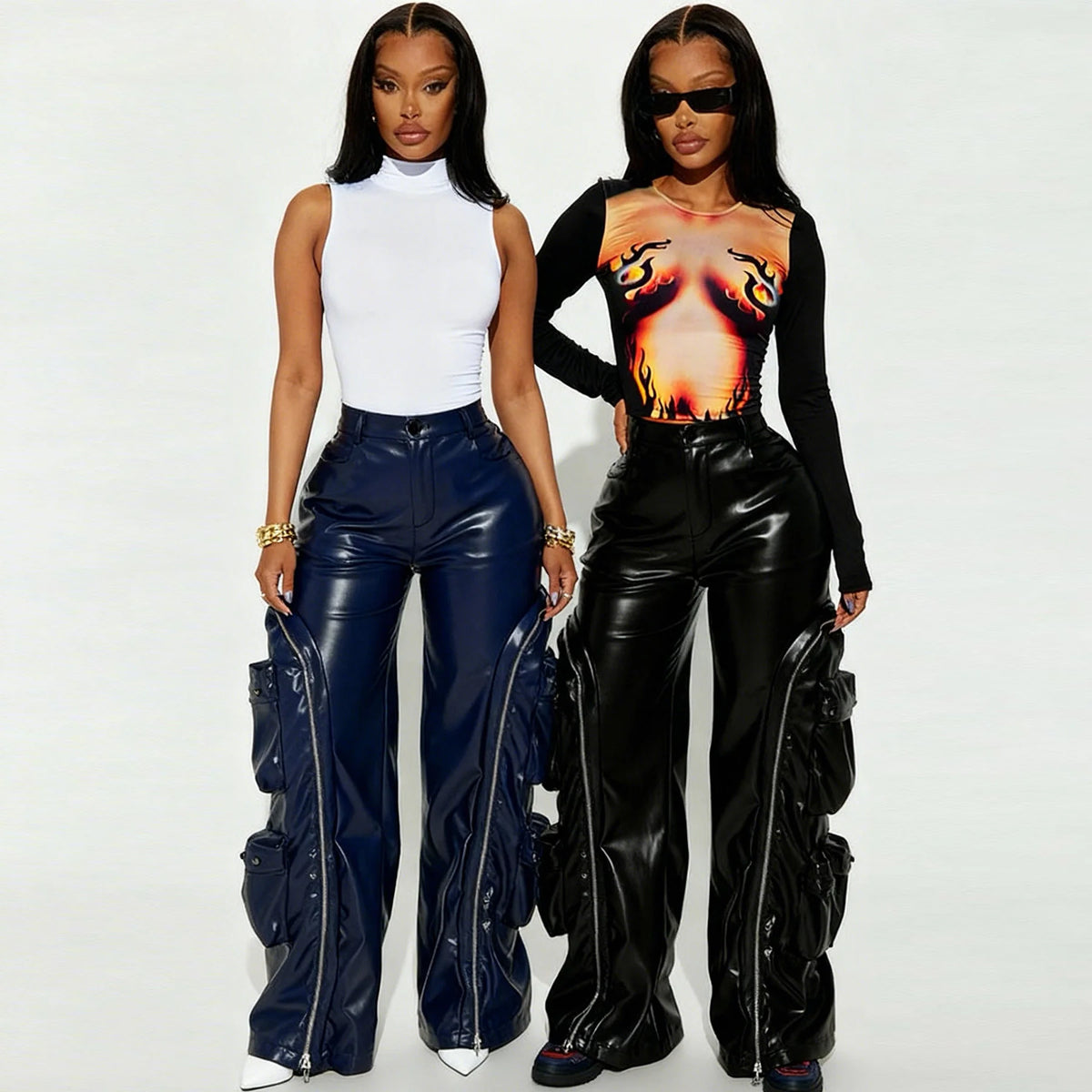 High Waist Wide Leg Faux Leather Cargo Pants for Women