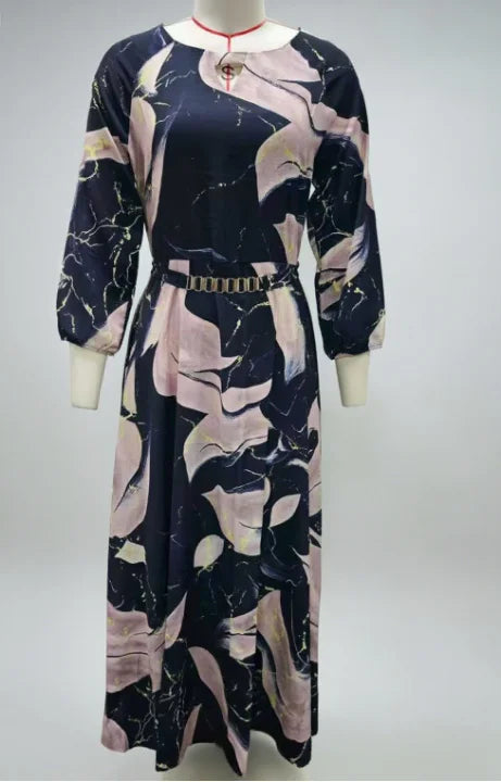 Elegant Cinched Waist Printed Long Dress for Women