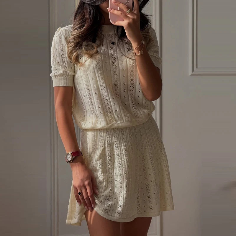 Elegant Hollow Out Two Piece Mini Skirt Set for Women