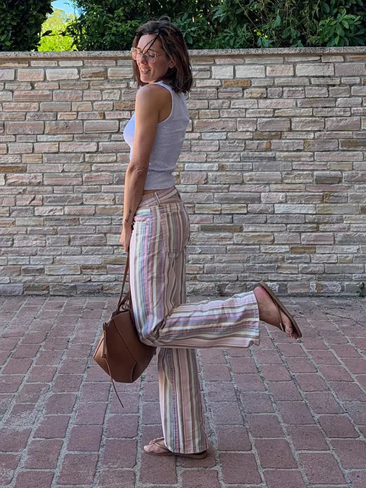 Color Block Rainbow Stripe Wide Leg Jeans for Women