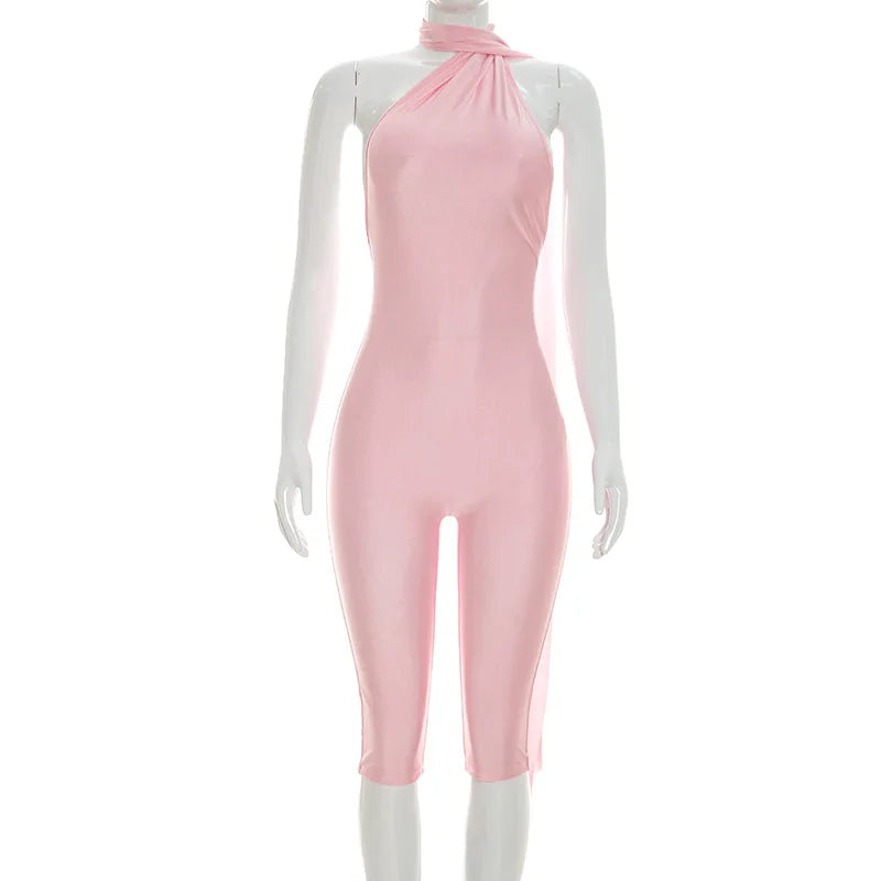 Sexy Ruched Backless Halter Bandage Jumpsuit for Women