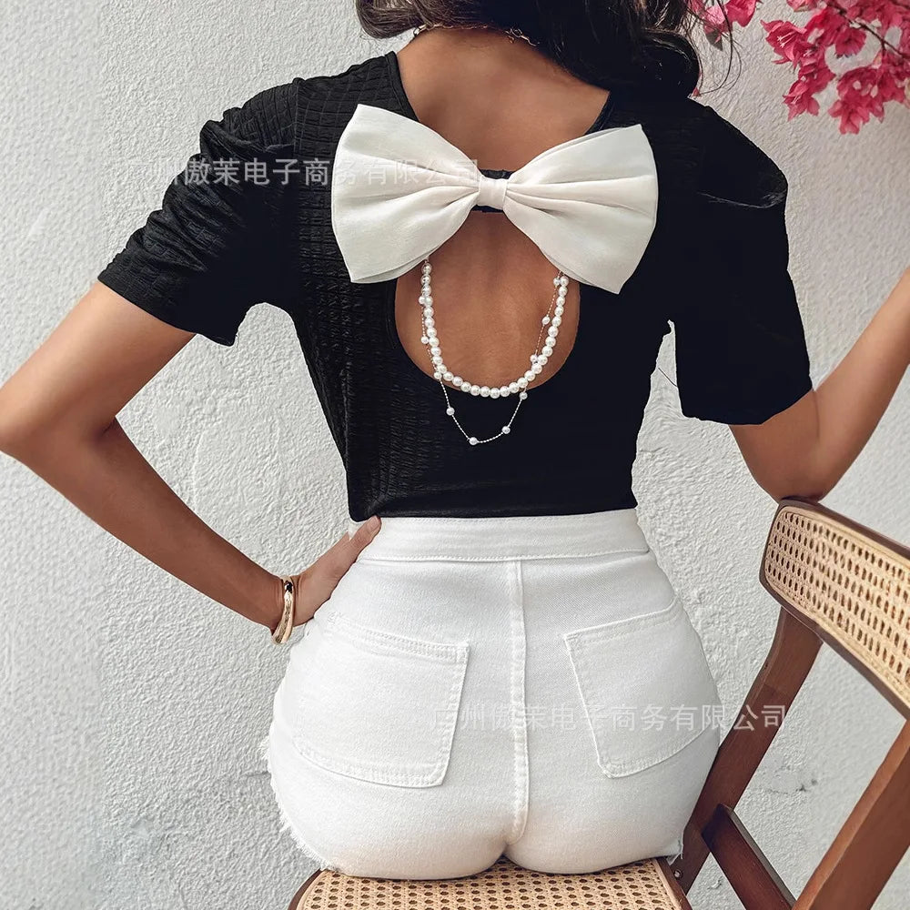 Effortless Bowknot Pearl Strap Knit Casual Tee for Women