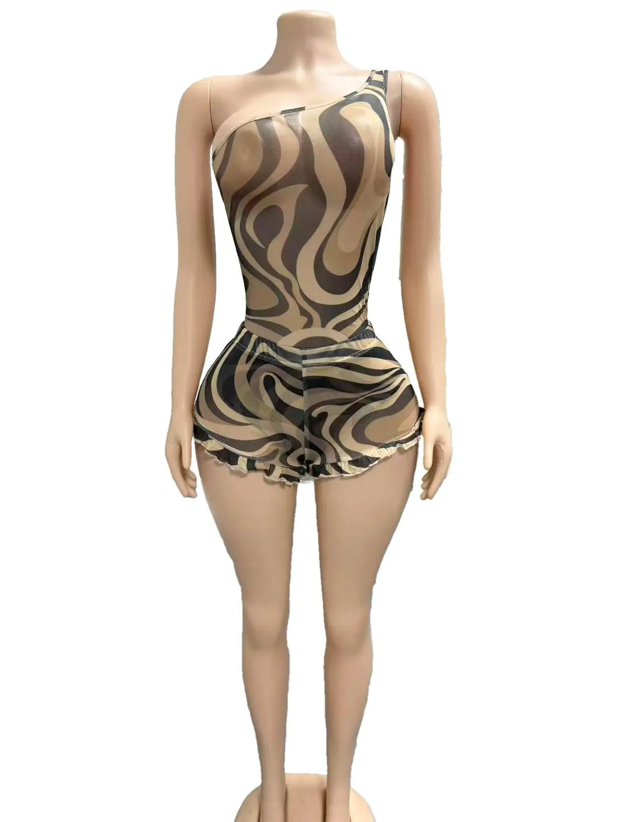 Zebra Print Mesh Two Piece Party Outfit Set for Women