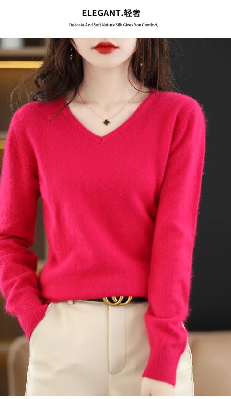 Soft Warm Loose Fit V Neck Cashmere Sweater for Women