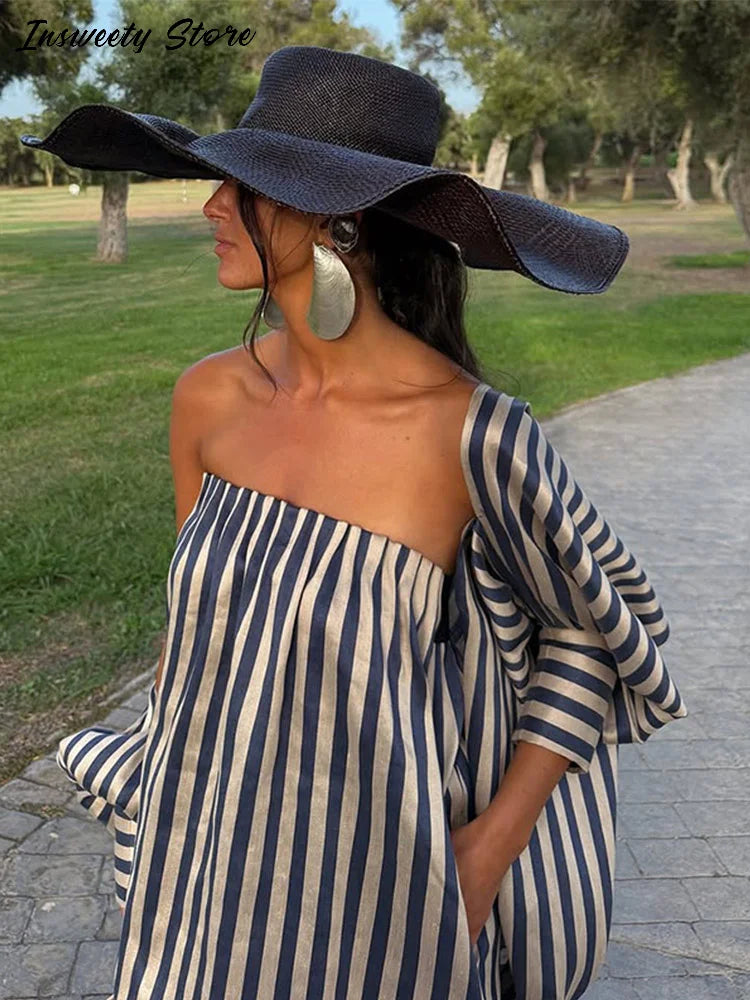 Striped Strapless Maxi Dress Set With Detachable Shawl for Women