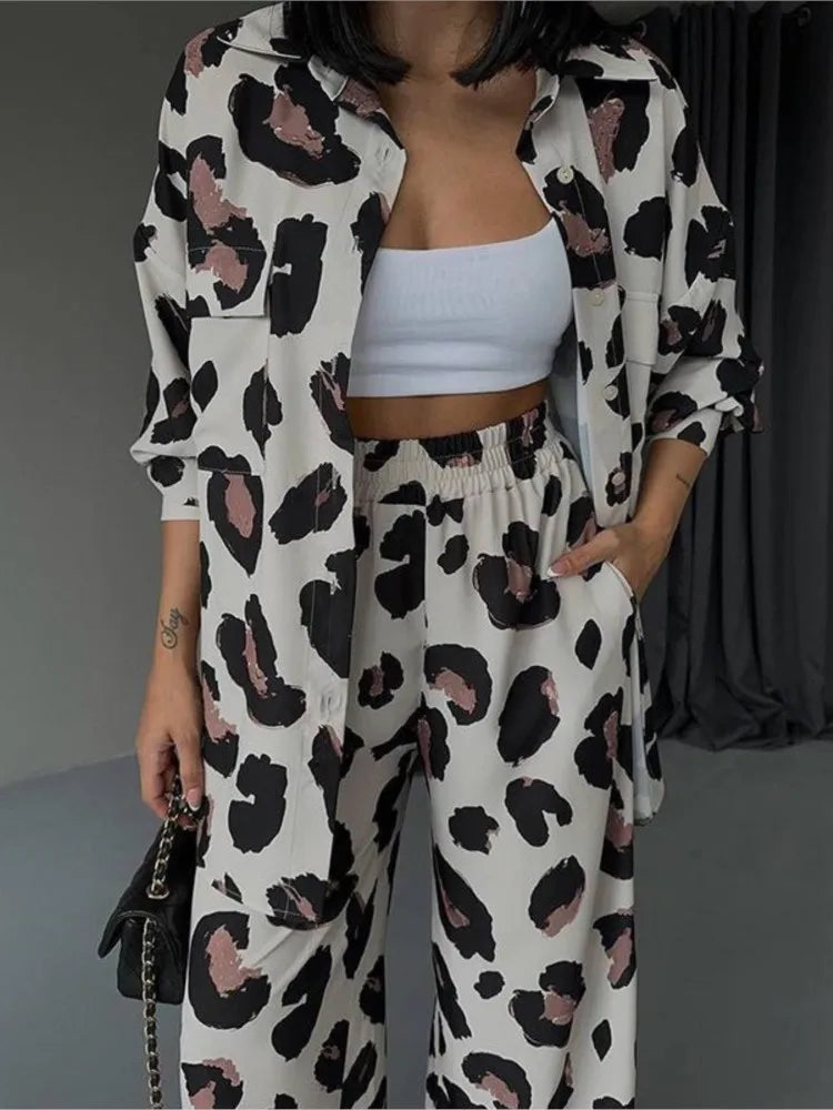 Fashion Leopard Print Women's Two Piece Sets Elegant Casual Button Streetwear Long Sleeve Shirt And Wide Leg Pants 2 Piece Sets